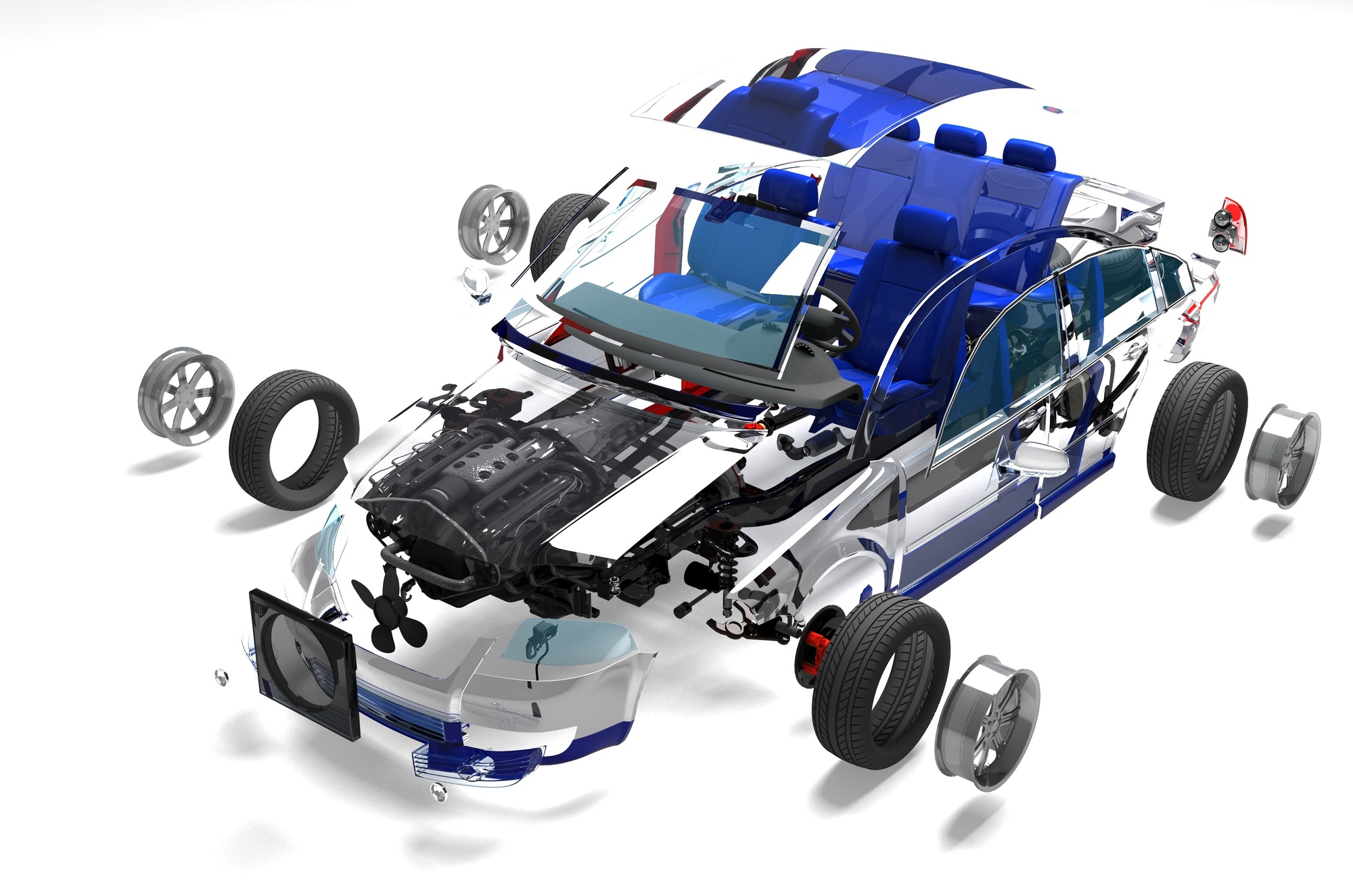Disassembled car on a white background.