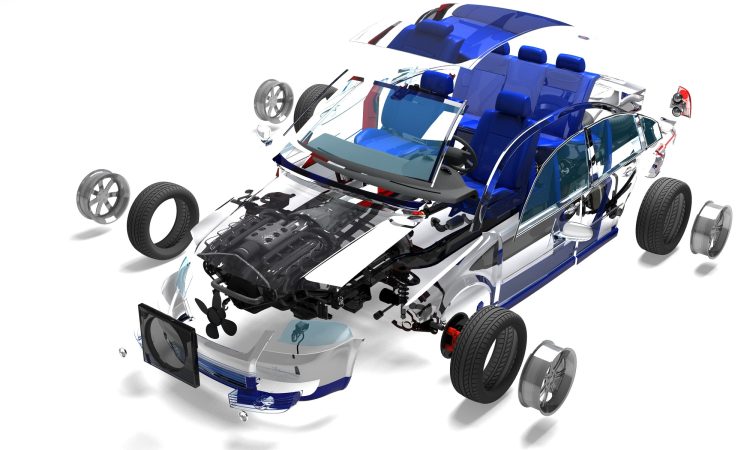 Disassembled car on a white background.